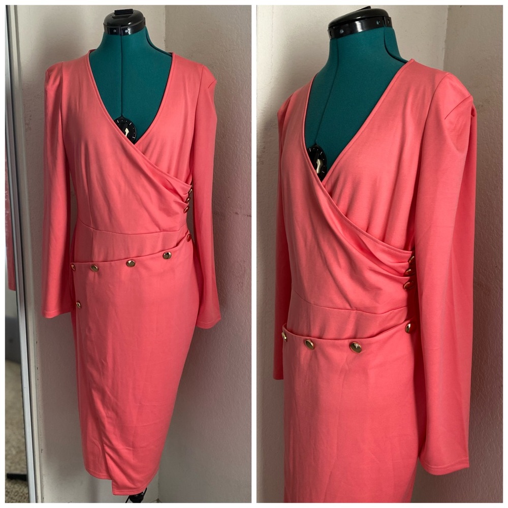 SOLD Coral Pink Bandage Bodycon Asymmetrical Knee-length studded dress Size XL - Picture 1 of 5